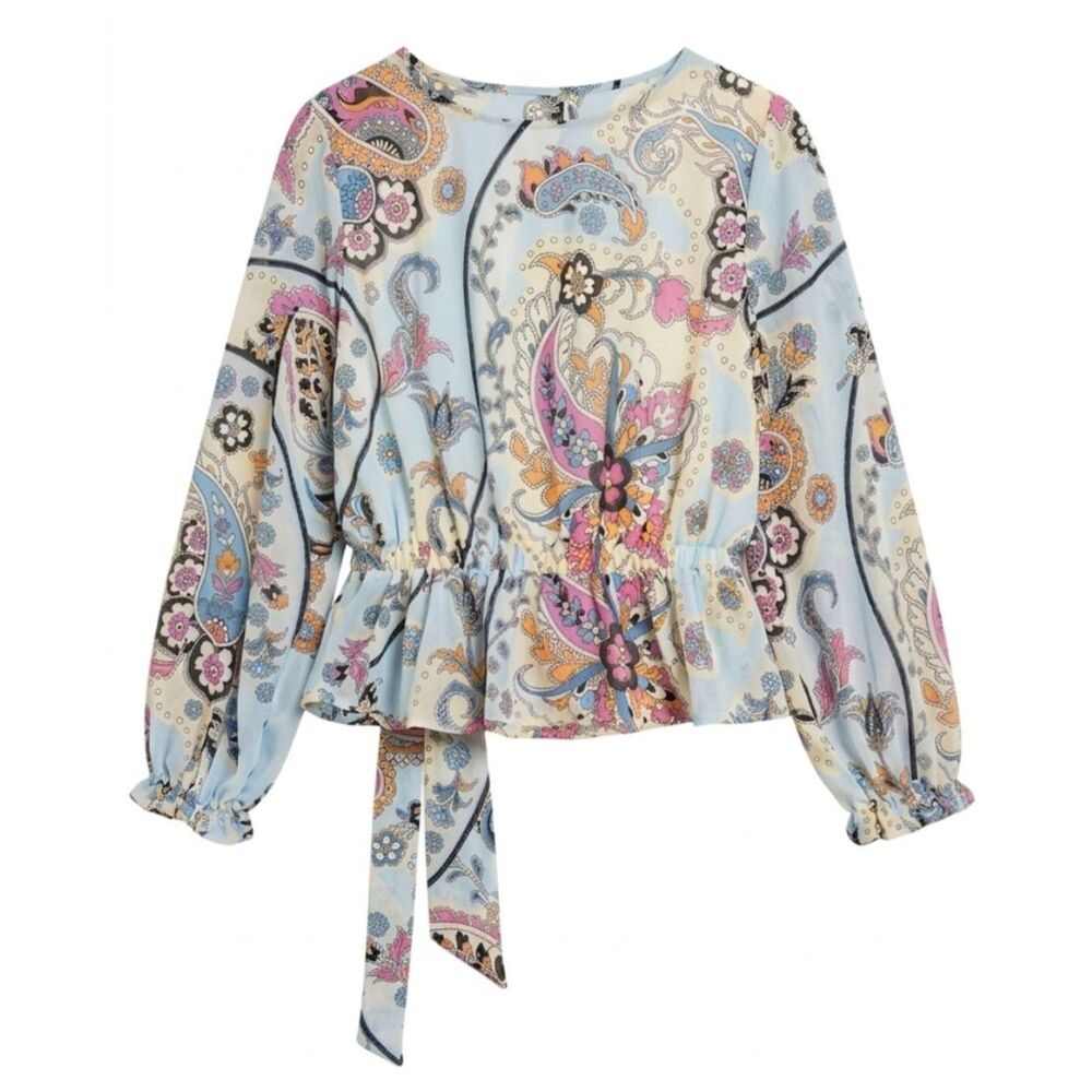 Marc New York Paisley Ruffle Peplum Blouse Size S Sheer Sleeves - Picture 2 of 10